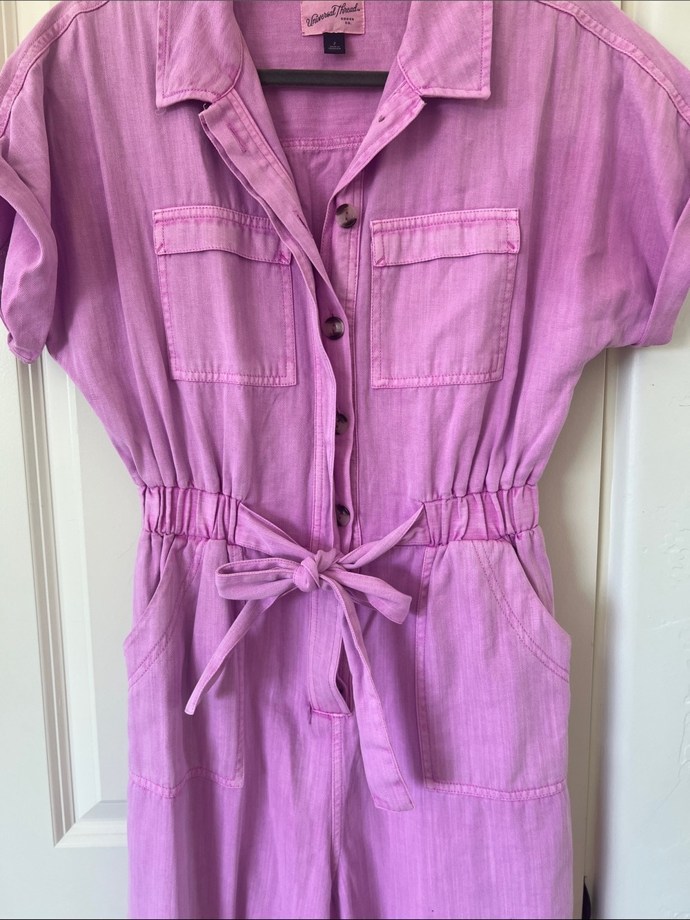 Universal Thread Lavender-Pink Button-Front Tie-Waist Jumpsuit - Picture 4 of 7